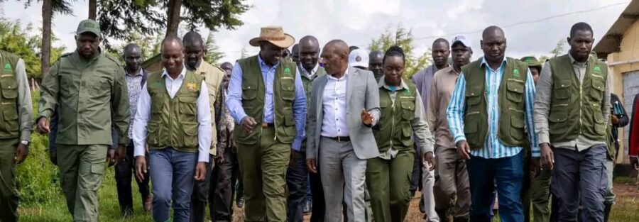 President Ruto walking with KALRO officials at Kaptagat event